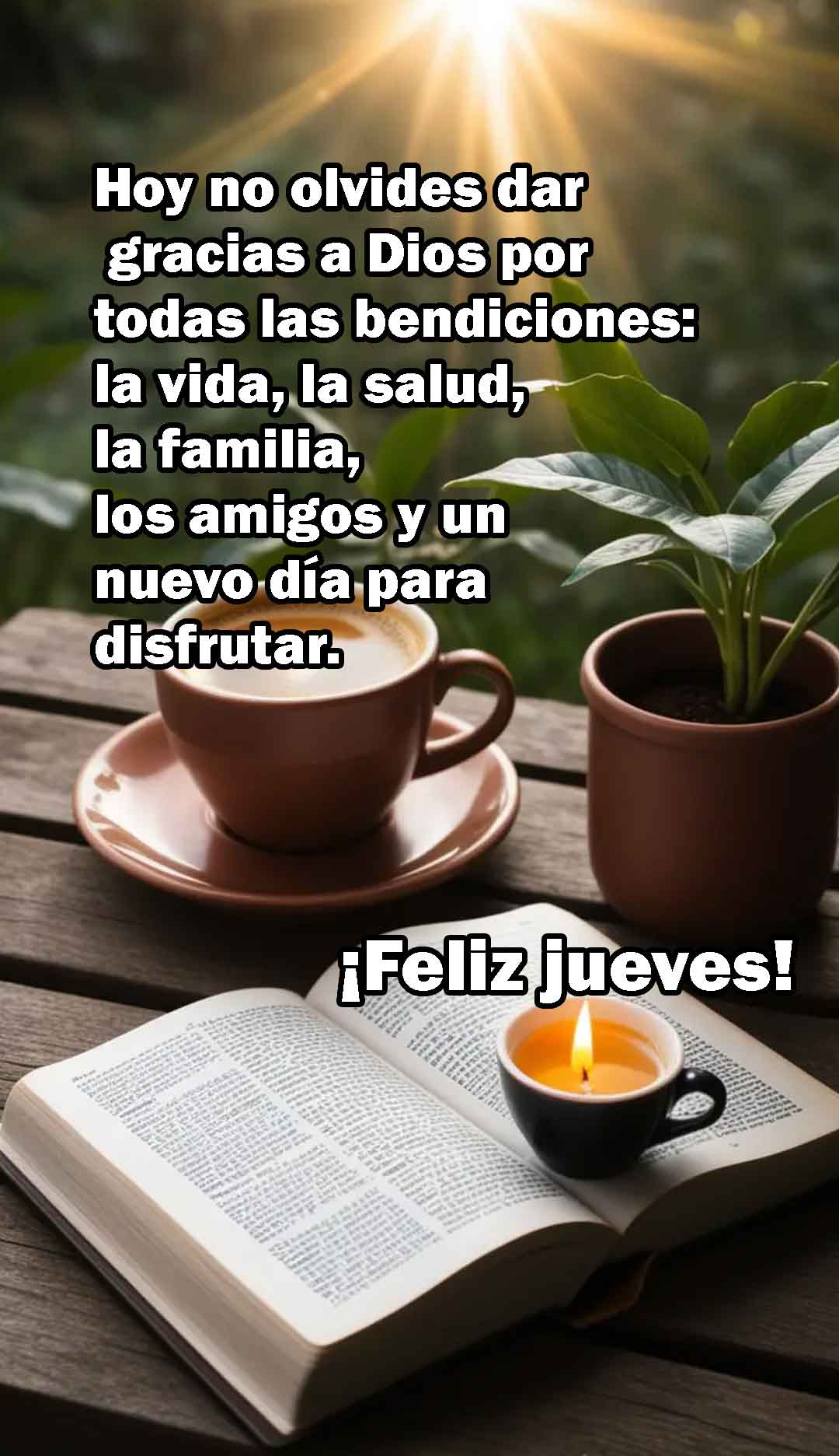 Imagen de una mañana tranquila con luz natural, una Biblia abierta y una taza de café, representando un momento de gratitud.
