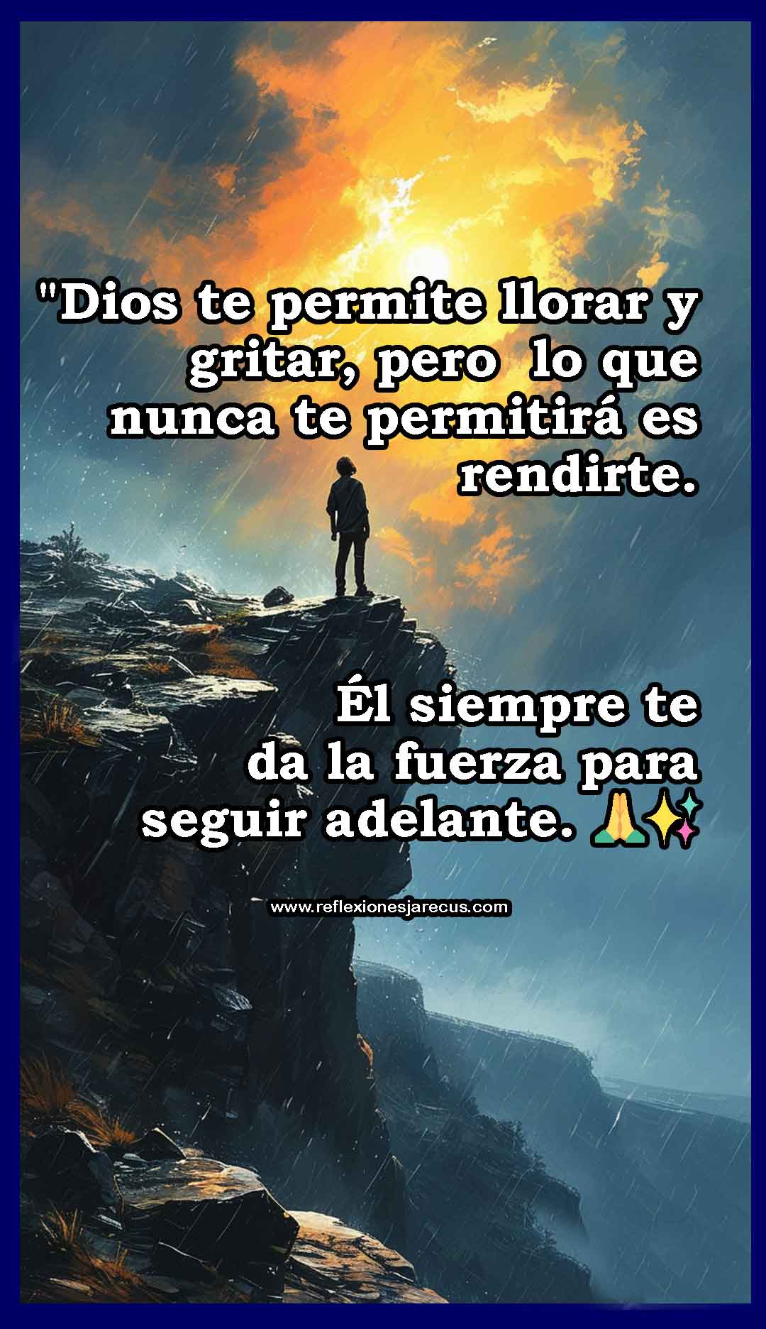 Persona en un acantilado bajo una tormenta, mirando hacia una luz brillante en el cielo.