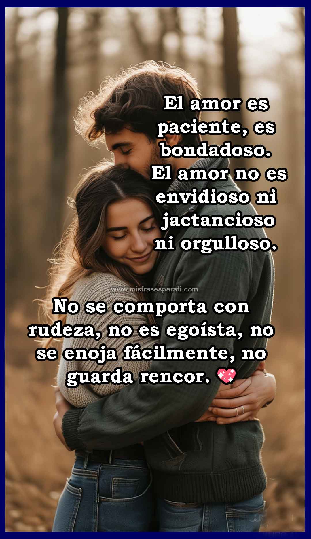 Pareja abrazándose en un entorno tranquilo, simbolizando el amor bondadoso y paciente.
