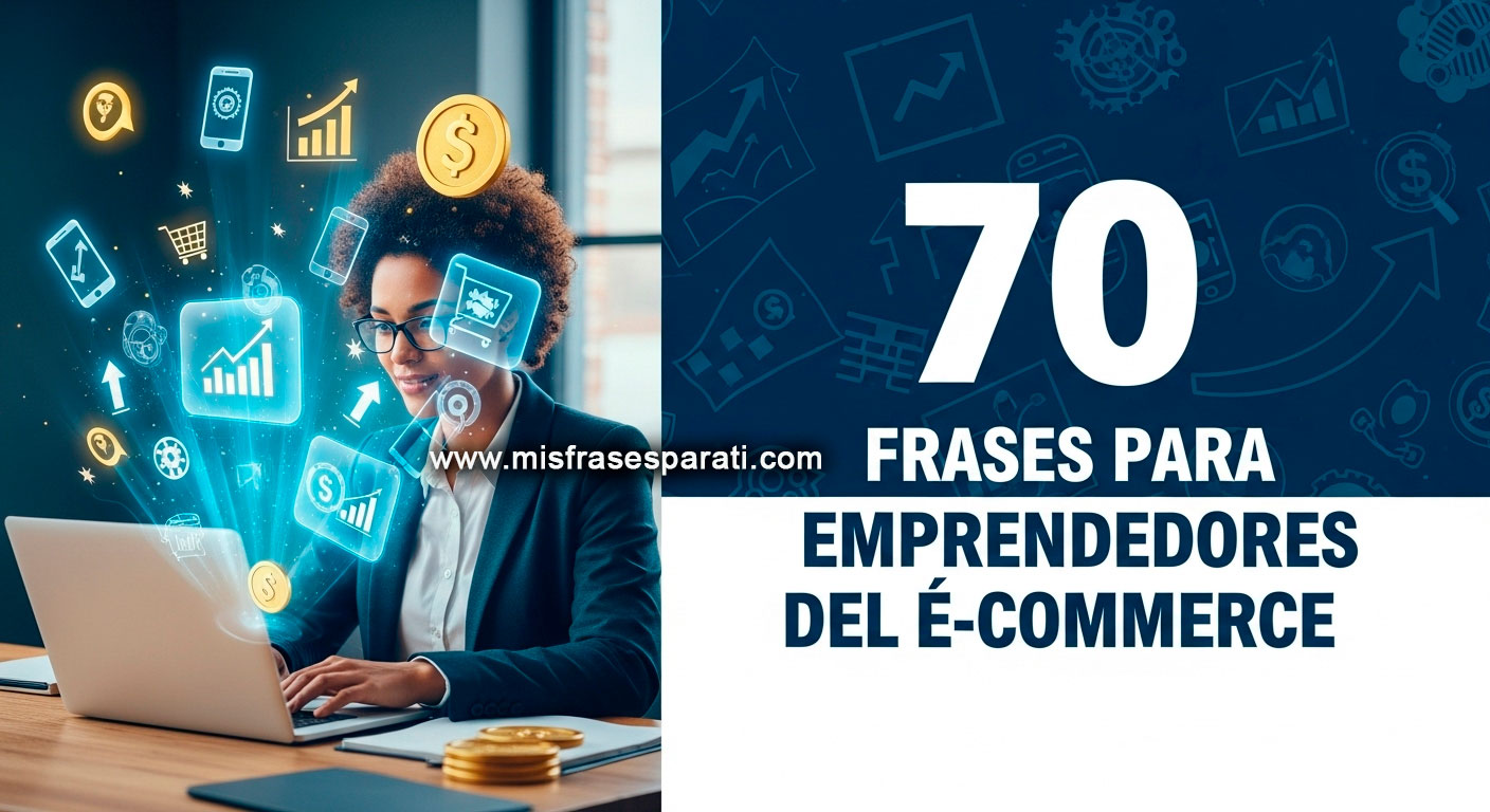 Emprendedor trabajando en computadora con iconos de e-commerce flotando, representando motivación y éxito digital