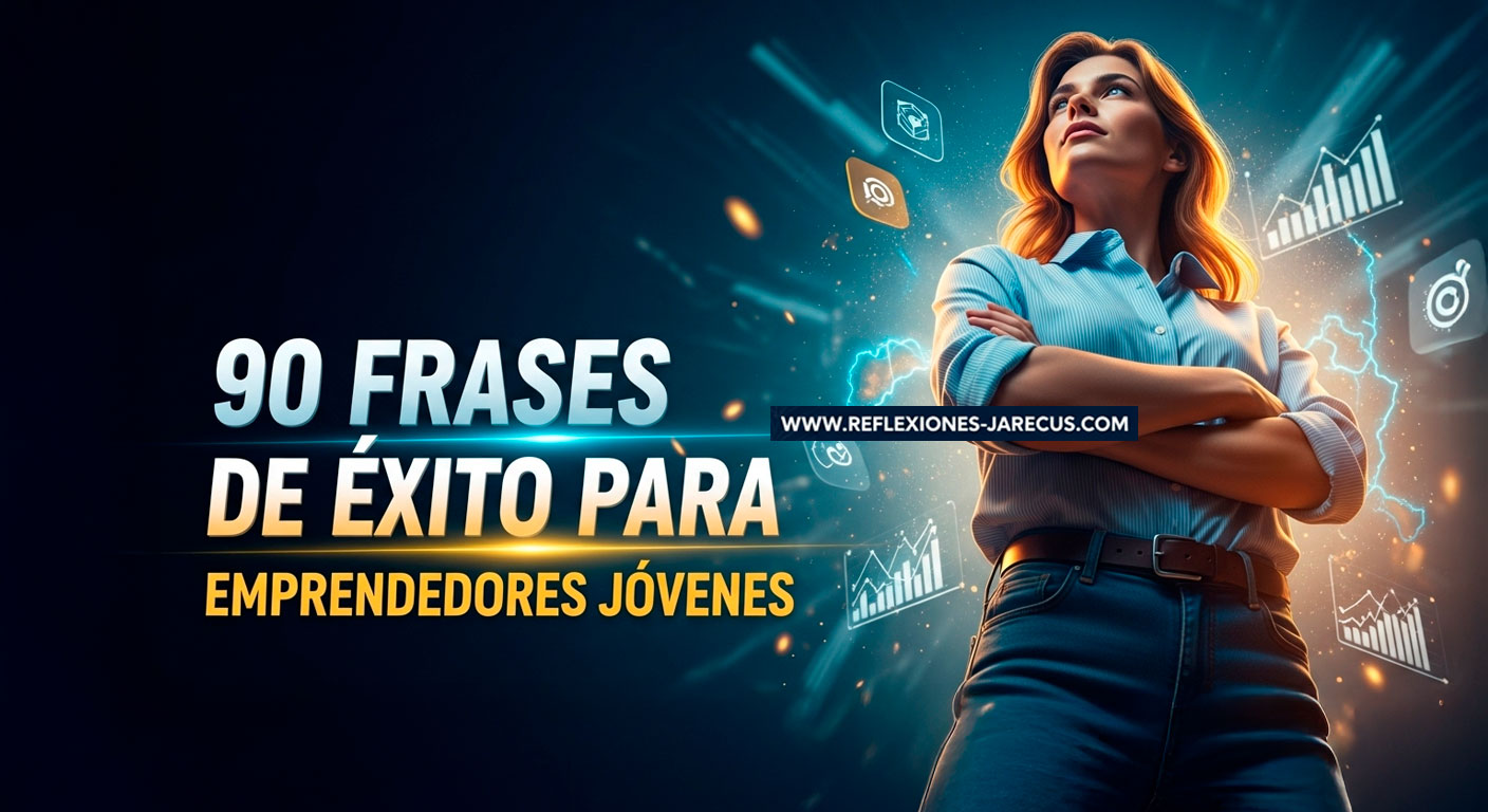 Joven emprendedor confiado con brazos cruzados sobre fondo tecnológico inspirador con el texto "90 Frases de Éxito para Emprendedores Jóvenes"