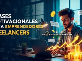 Joven emprendedor freelancer trabajando con motivación en su laptop, rodeado de símbolos de éxito, frases inspiradoras en español y un fondo moderno con íconos de productividad.